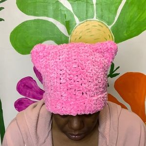 Pink chenille cat hat